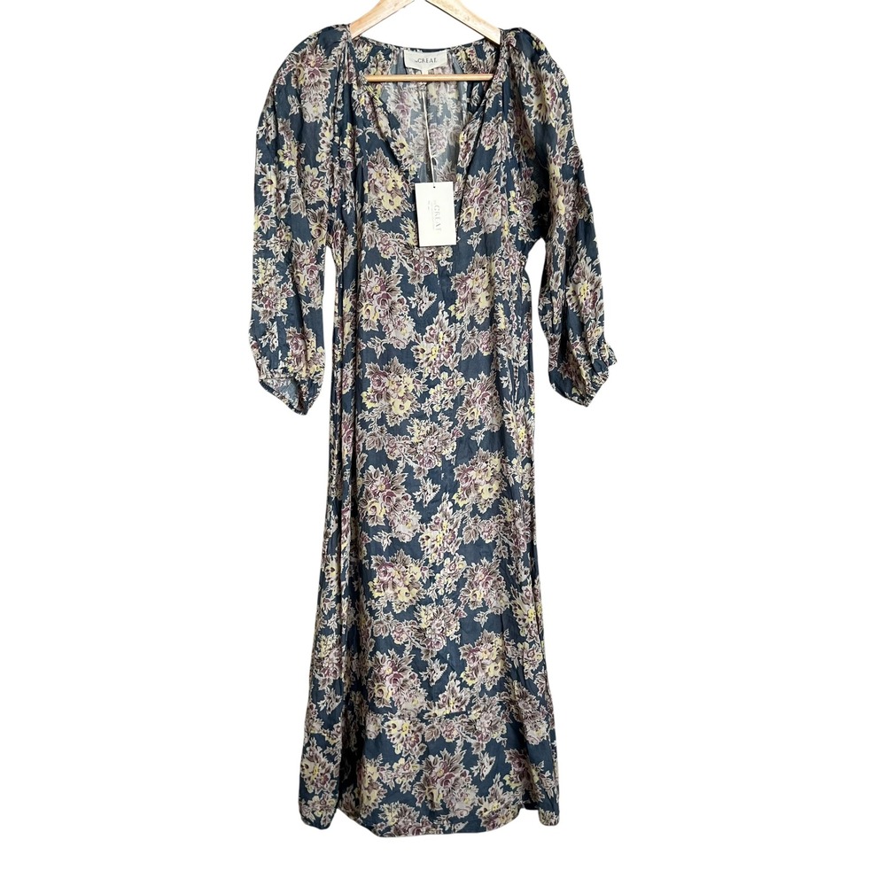 NWT The Great Blue Indigo Pampas 100% Ramie Puff Sleeve Maxi Dress SZ S